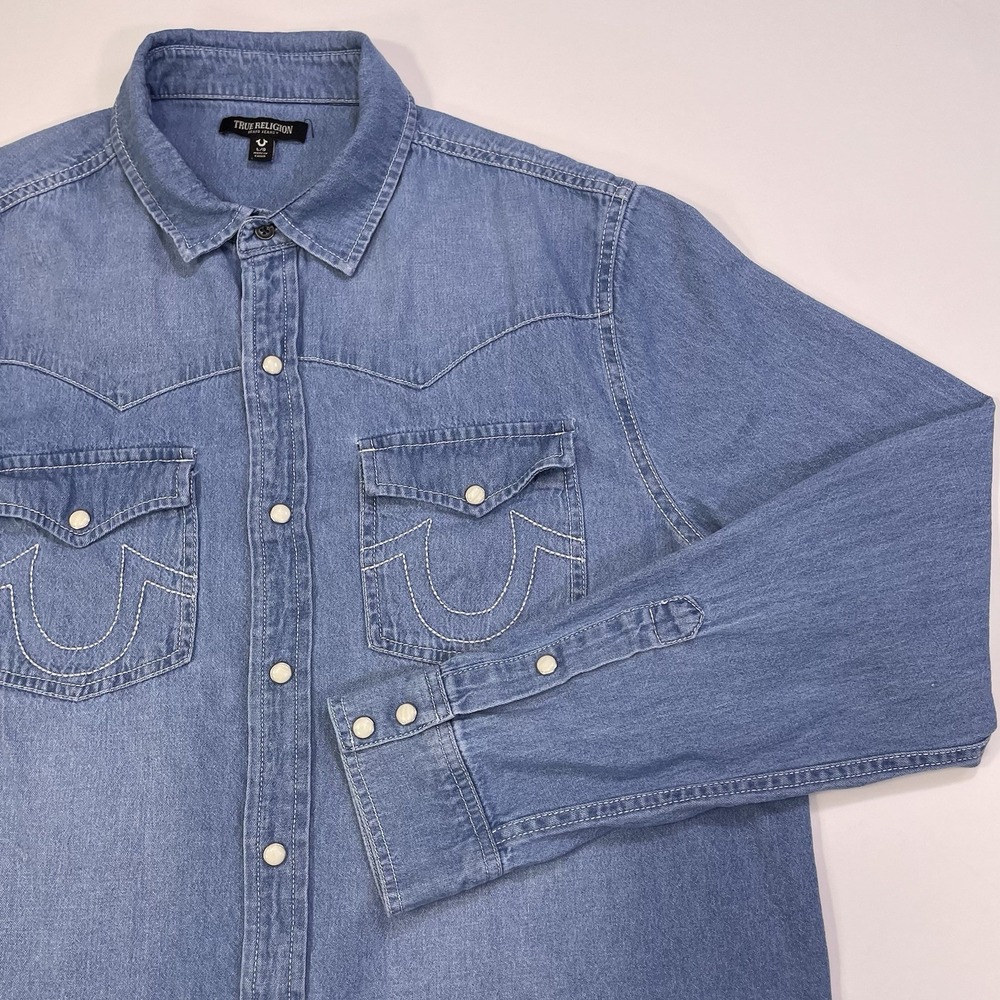 True Religion Pearl Snap Denim Shirt Men's Large Embroidered Long Sleeve